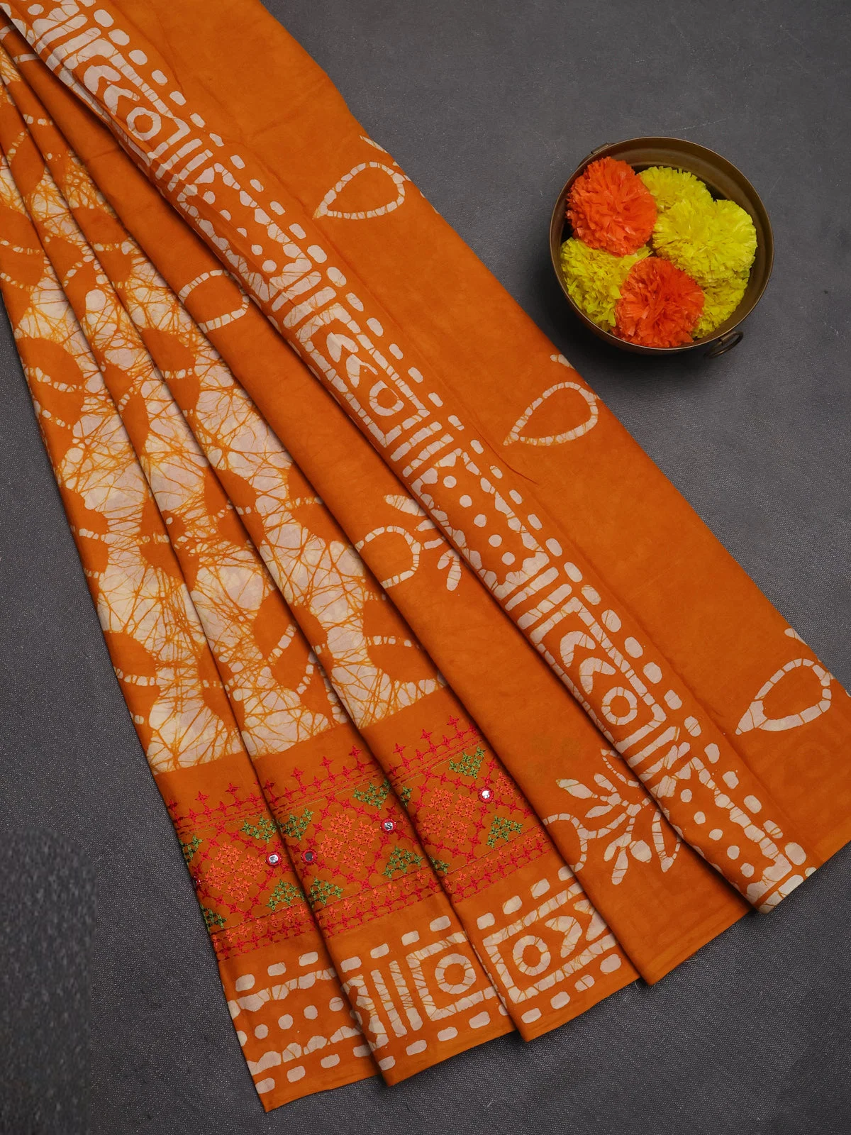 Mango Yellow Embroidery Mirror work Border Batik Cotton Saree